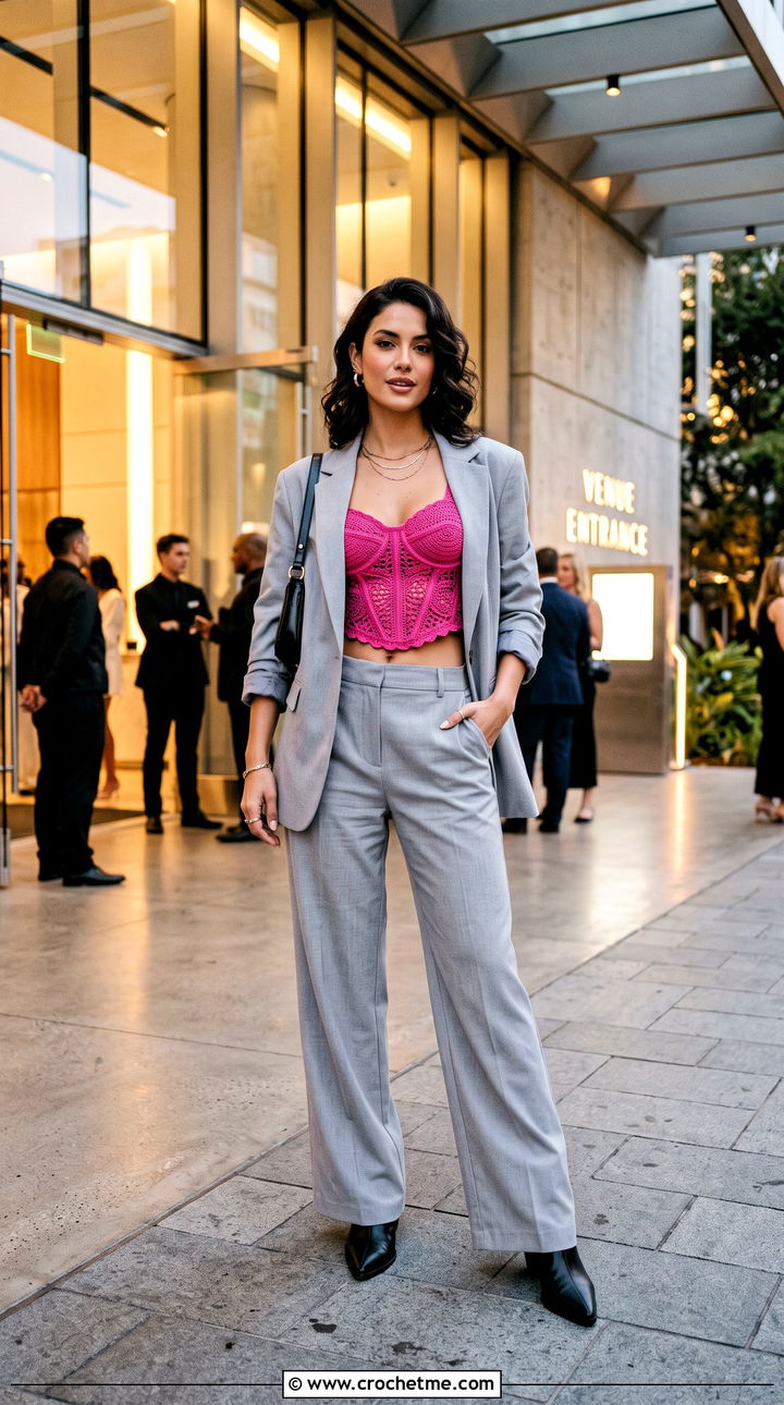 Corset Style Lace Crochet Top With Oversized Blazer - 35 lace crochet top outfit ideas