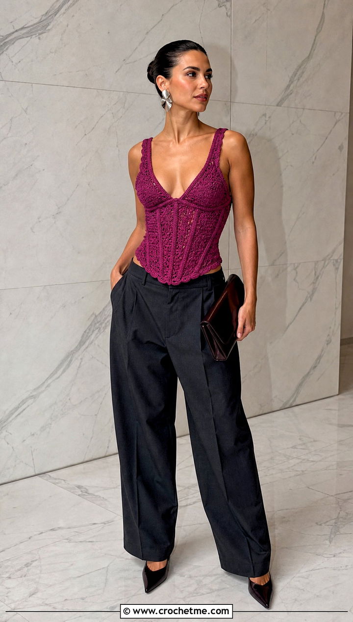Corset Style V Neck Crochet Top With Oversized Suit Pants - 35 v neck crochet top outfit ideas