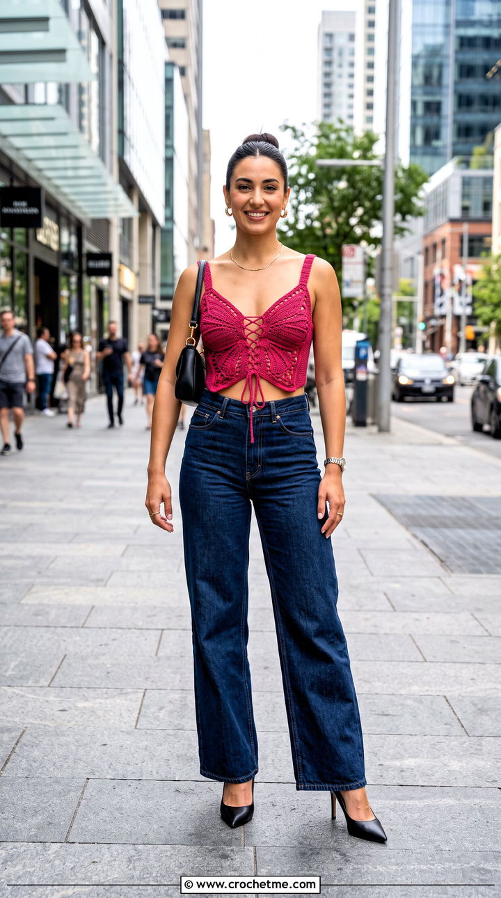 Corset Tie Butterfly Crochet Top With Wide Leg Jeans - 35 butterfly crochet top outfit ideas