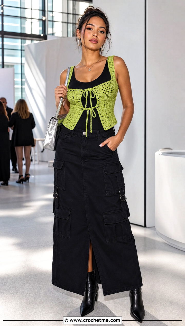Corset Tie Front Crochet Top With Cargo Maxi Skirt - 25 long sleeve tie front crochet top outfit ideas