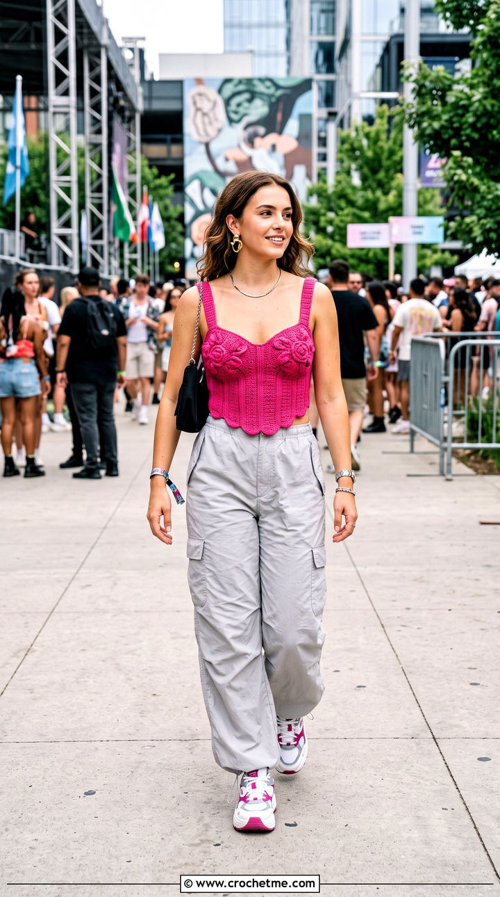 Corset Tulip Crochet Top With Parachute Pants - 30 crochet tulip top outfit ideas