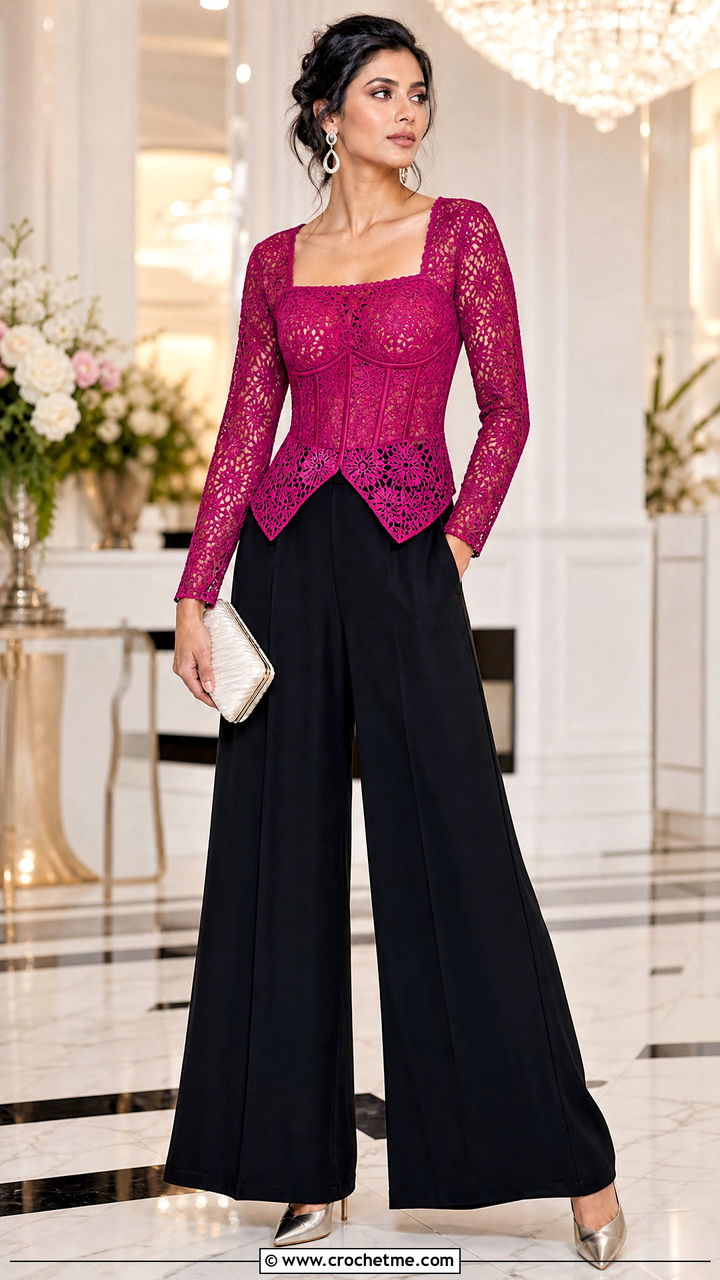 Corset Waist Crochet Full Sleeve Top With Palazzo Pants - 35 crochet full sleeve top outfit ideas