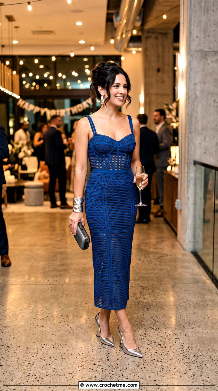 Corset Waist Crochet Midi Party Dress With Sculptural Heels - 35 crochet party dress outfit ideas