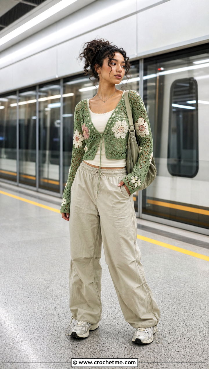 Cosmos Motif Sweater With Parachute Pants - 30 flower crochet sweater outfit ideas