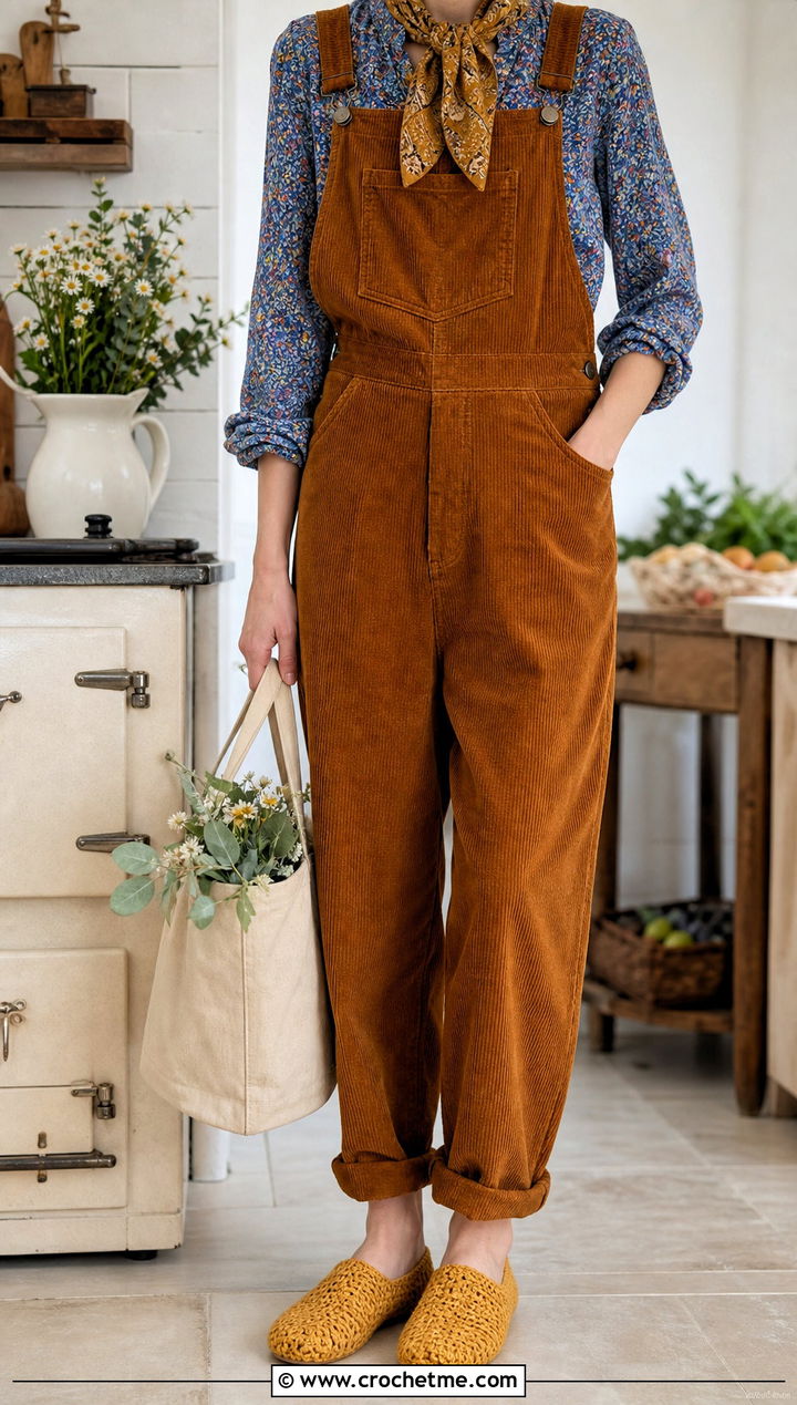 Cottage Crochet Slippers With Corduroy Overalls - 15 Women's Crochet Slippers outfit ideas