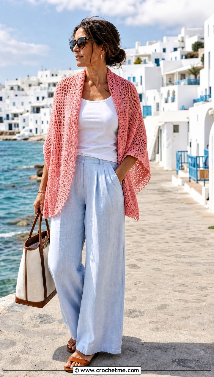 Cotton Circular Shawl With Linen Pants - 30 crochet circular shawl outfit ideas