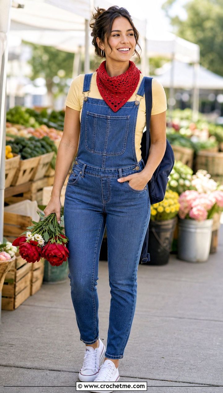 Cotton Crochet Bandana Scarf With Overalls And Sneakers - 35 crochet mini scarf outfit ideas