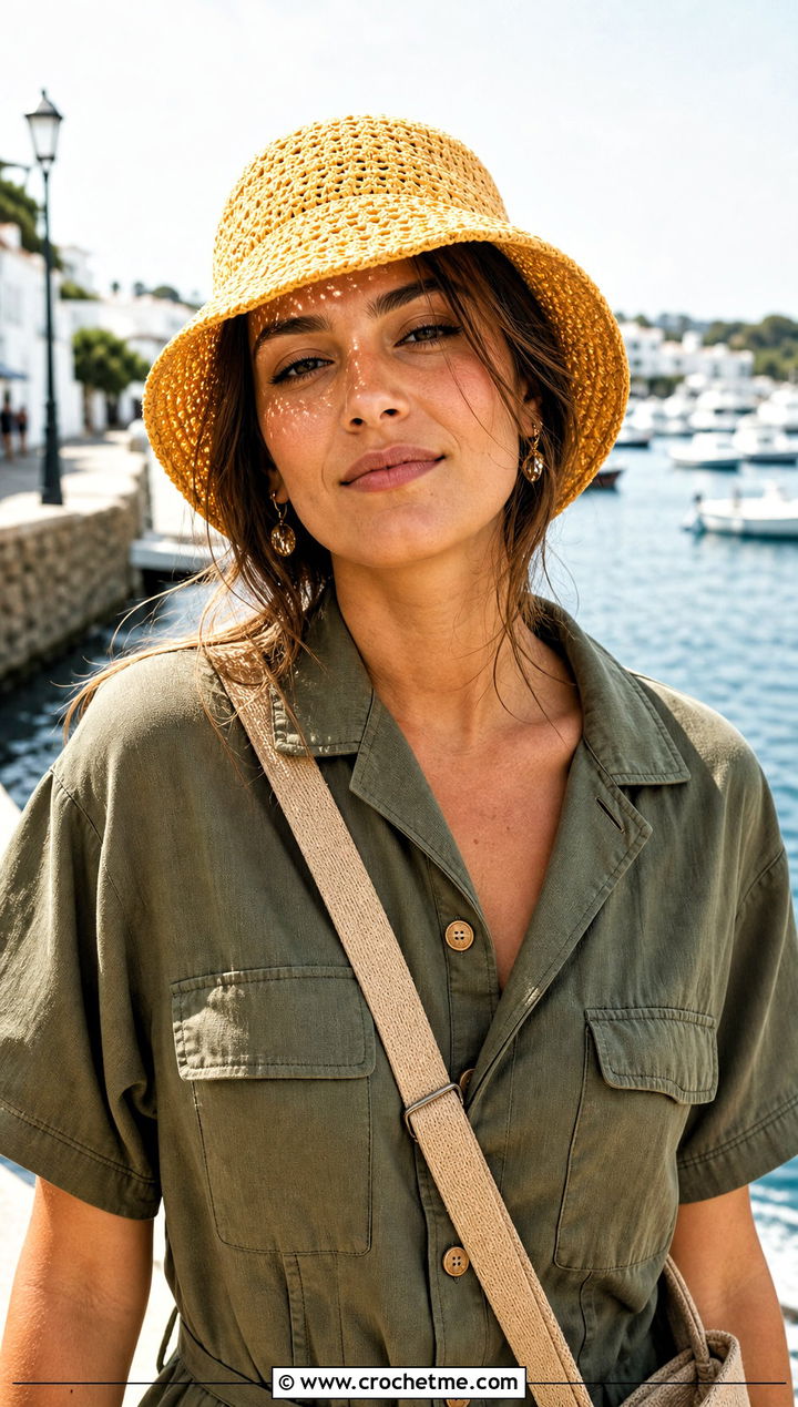 Cotton Crochet Beach Hat With Utility Romper - 30 crochet beach hats outfit ideas