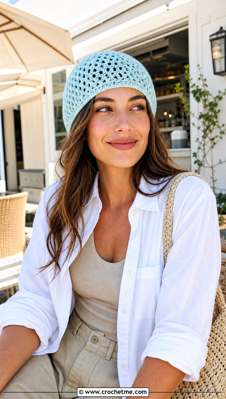 Cotton Crochet Bubble Beanie With Linen Trousers - 20 Crochet Bubble Hat outfit ideas