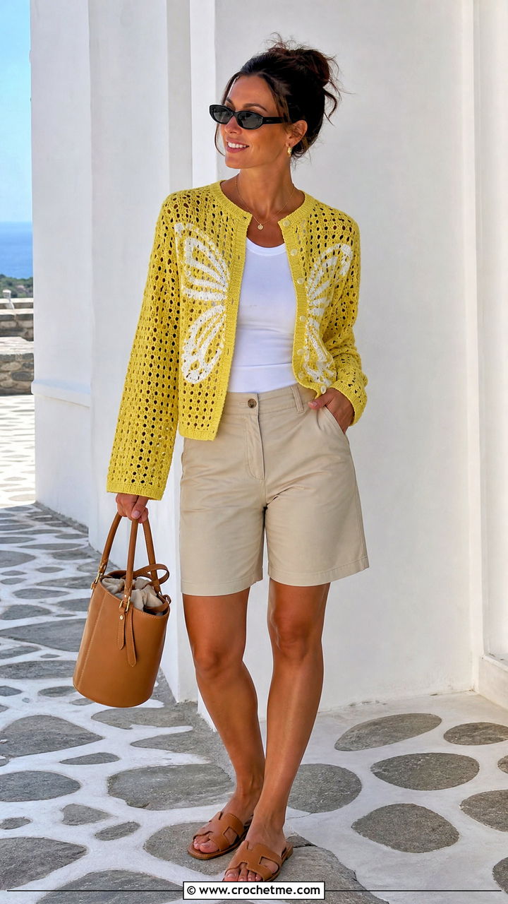 Cotton Crochet Butterfly Cardigan With Tailored Shorts - 35 crochet butterfly cardigan outfit ideas