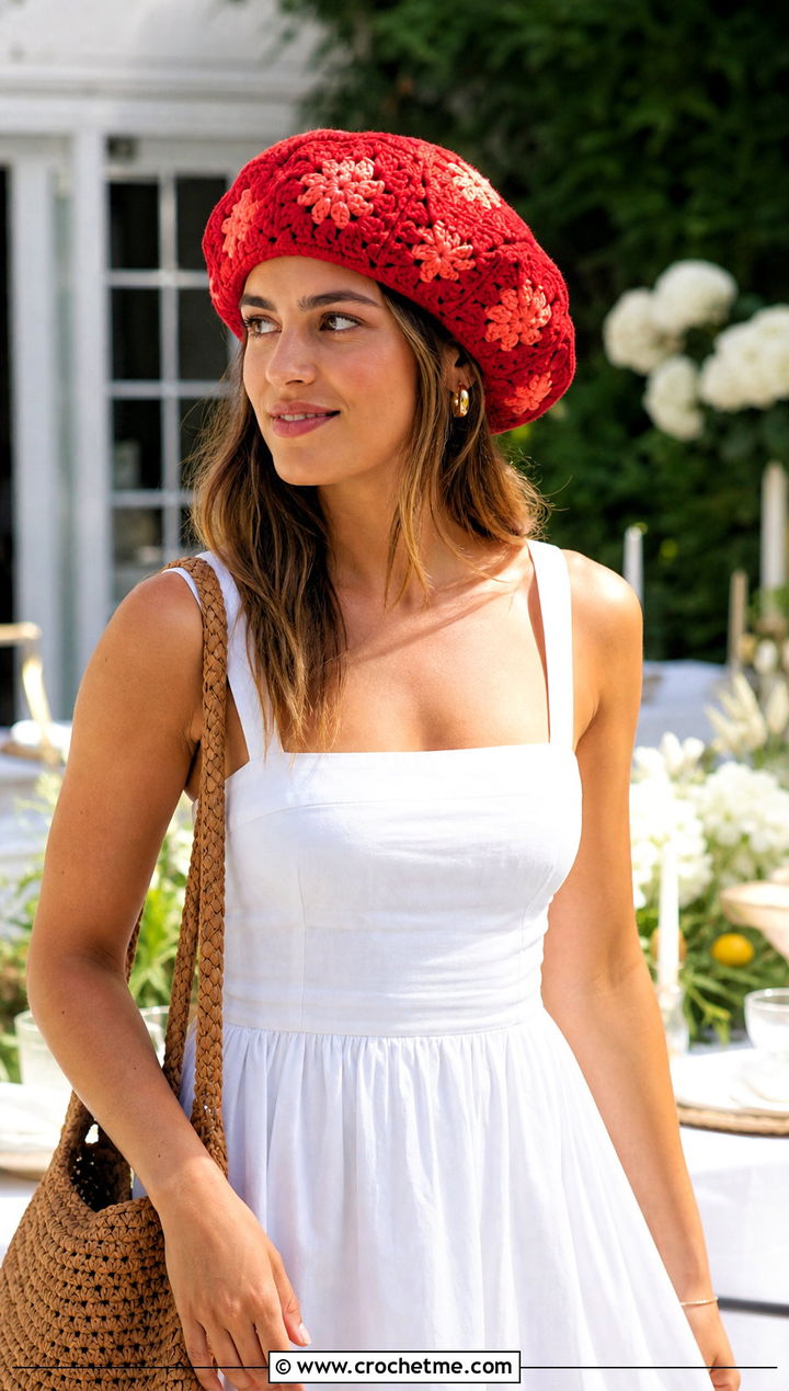 Cotton Crochet Granny Square Beret With Midi Sundress - 25 Crochet Granny Square Beret outfit ideas
