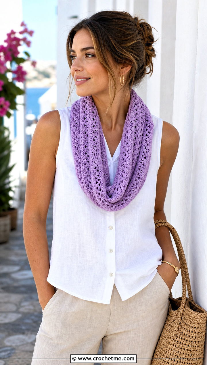 Cotton Crochet Infinity Scarf With Linen Outfit - 25 infinite crochet scarf outfit ideas
