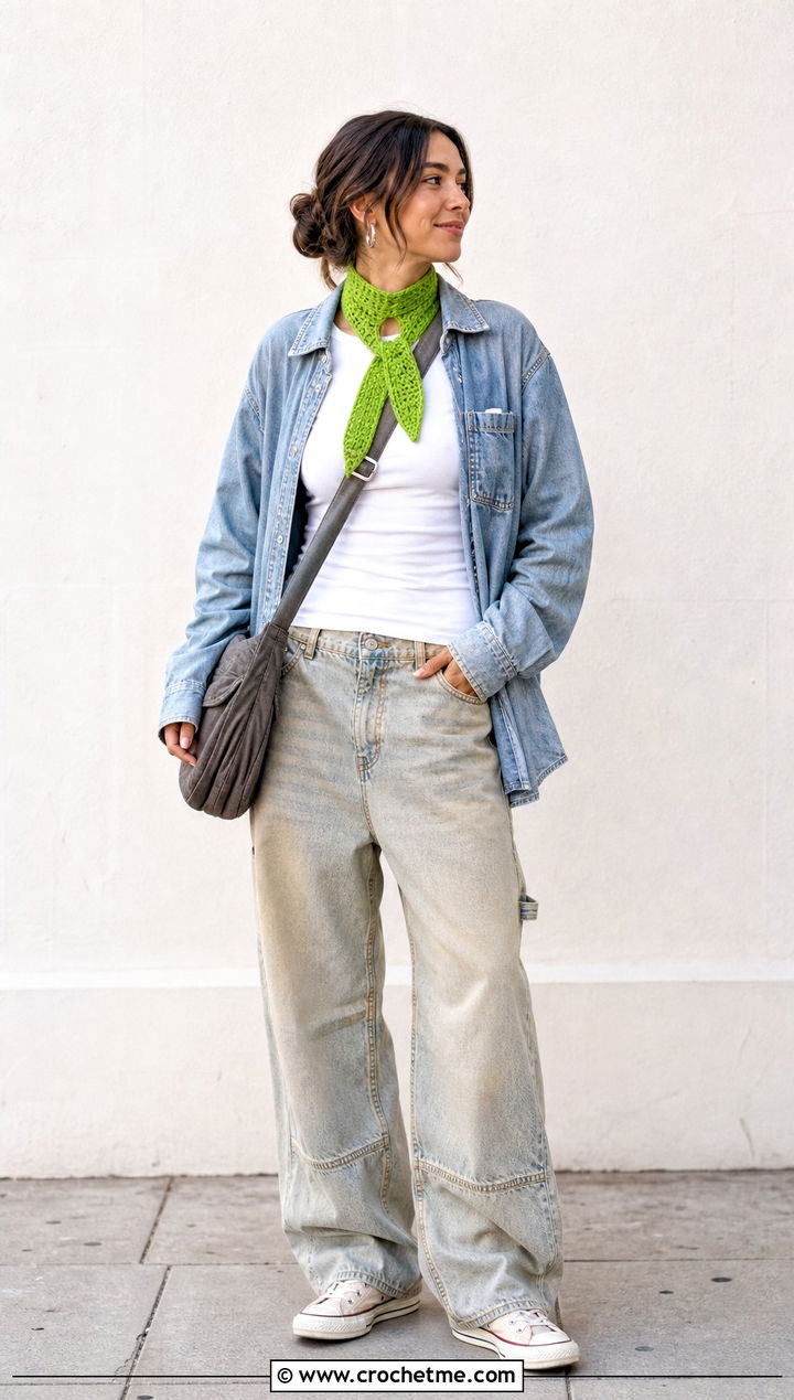 Cotton Crochet Keyhole Scarf With Carpenter Pants - 35 crochet keyhole scarf outfit ideas