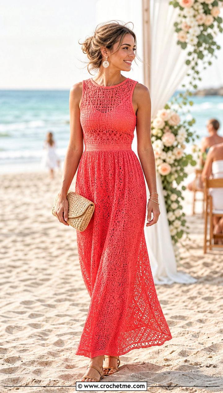 Cotton Crochet Lace Beach Bridesmaid Dress With Flat Sandals - 30 Crochet Bridesmaid Dress outfit ideas