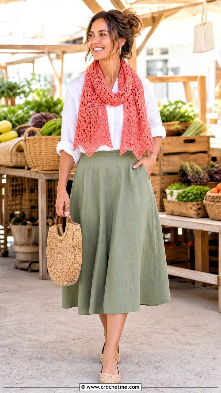 Cotton Crochet Lace Scarf With Linen Shirt And Midi Skirt - 35 crochet lace scarf outfit ideas