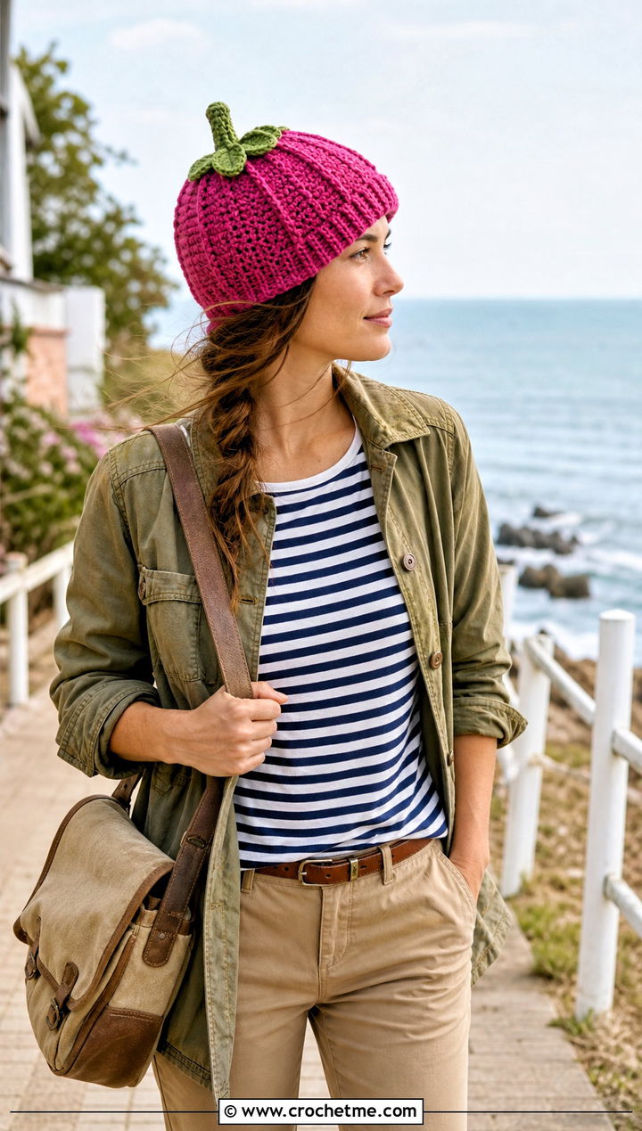 Cotton Crochet Pumpkin Beanie With Striped Shirt - 30 crochet pumpkin beanie outfit ideas