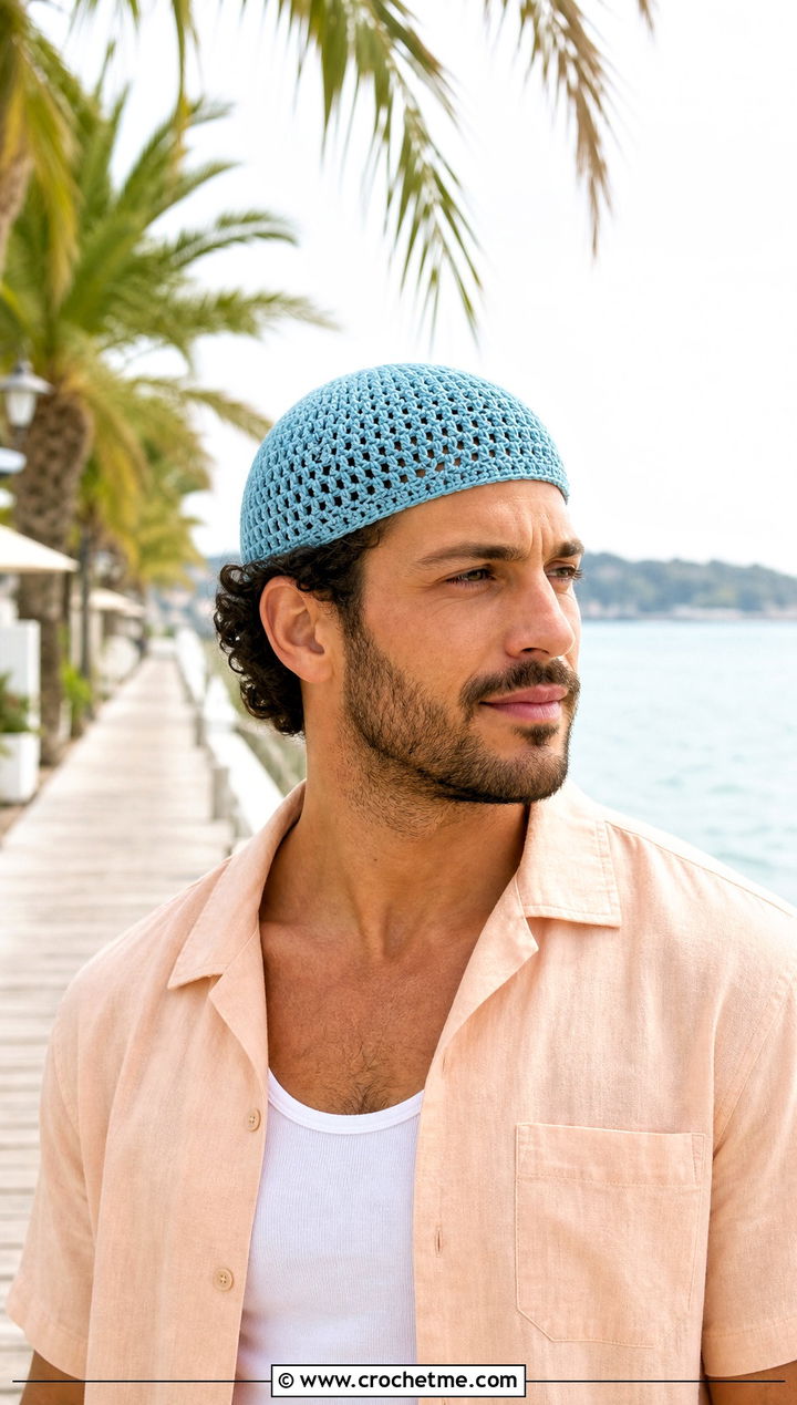 Cotton Crochet Skull Cap With Resort Shirt And Swim Shorts - 25 Mens Crochet Skull Cap outfit ideas