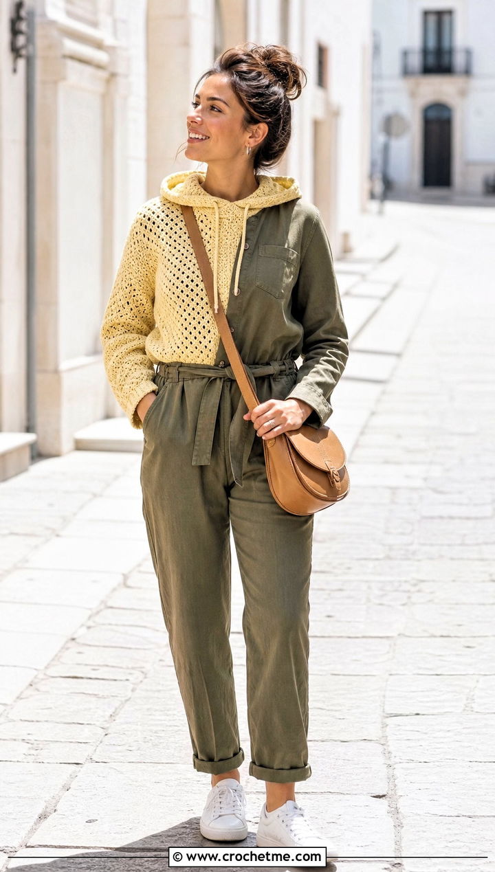 Cotton Crochet Turtleneck Hoodie With Utility Jumpsuit - 35 crochet turtleneck hoodie outfit ideas