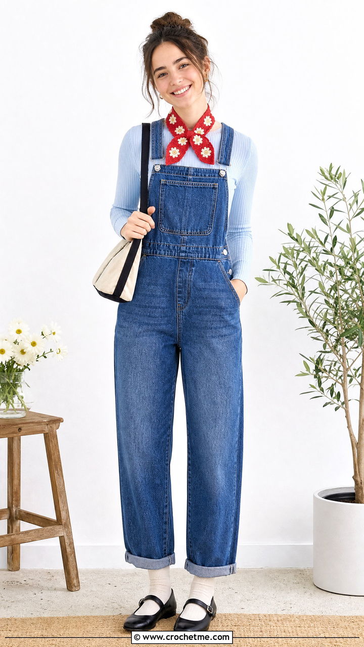Cotton Daisy Crochet Scarf With Overalls And Mary Janes - 35 crochet flower scarf outfit ideas