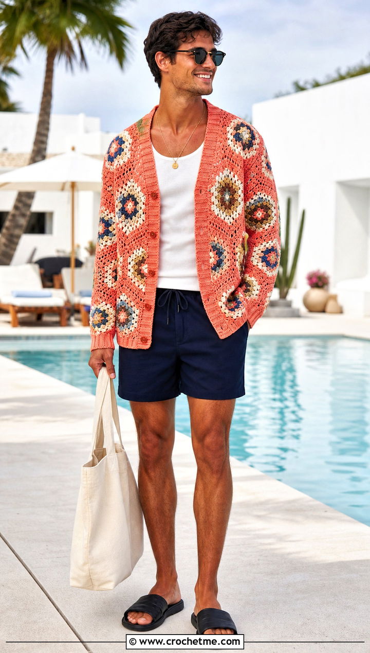 Cotton Granny Hexagon Cardigan With Swim Shorts - 35 men hexagon crochet cardigan outfit ideas