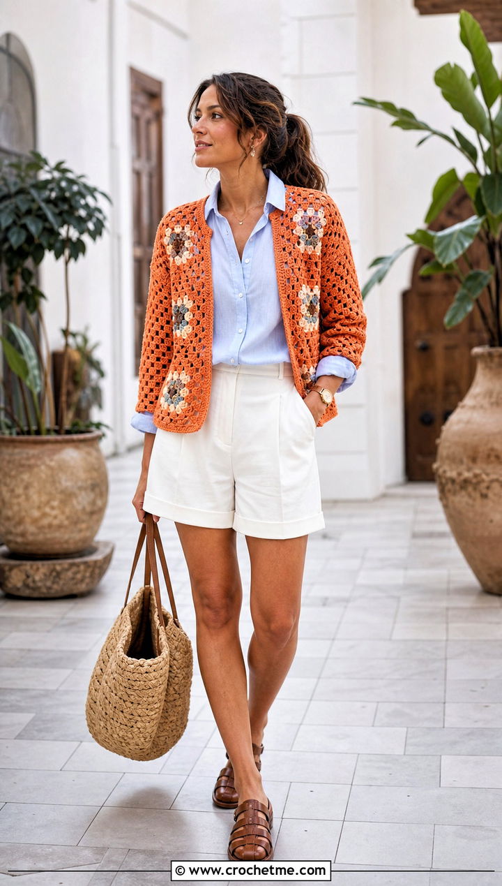 Cotton Granny Square Cardigan With Tailored Shorts - 15 Everyday Granny Square Cardigan outfit ideas