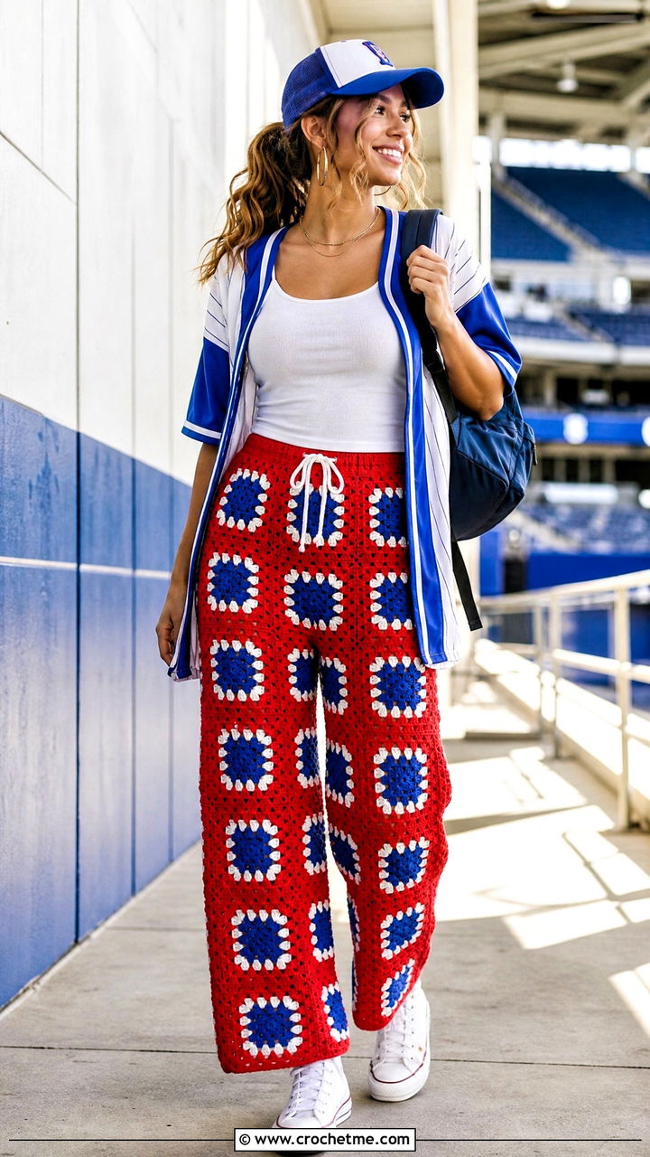 Cotton Granny Square Pants With Baseball Jersey And High Top Sneakers - 35 crochet granny square pants outfit ideas