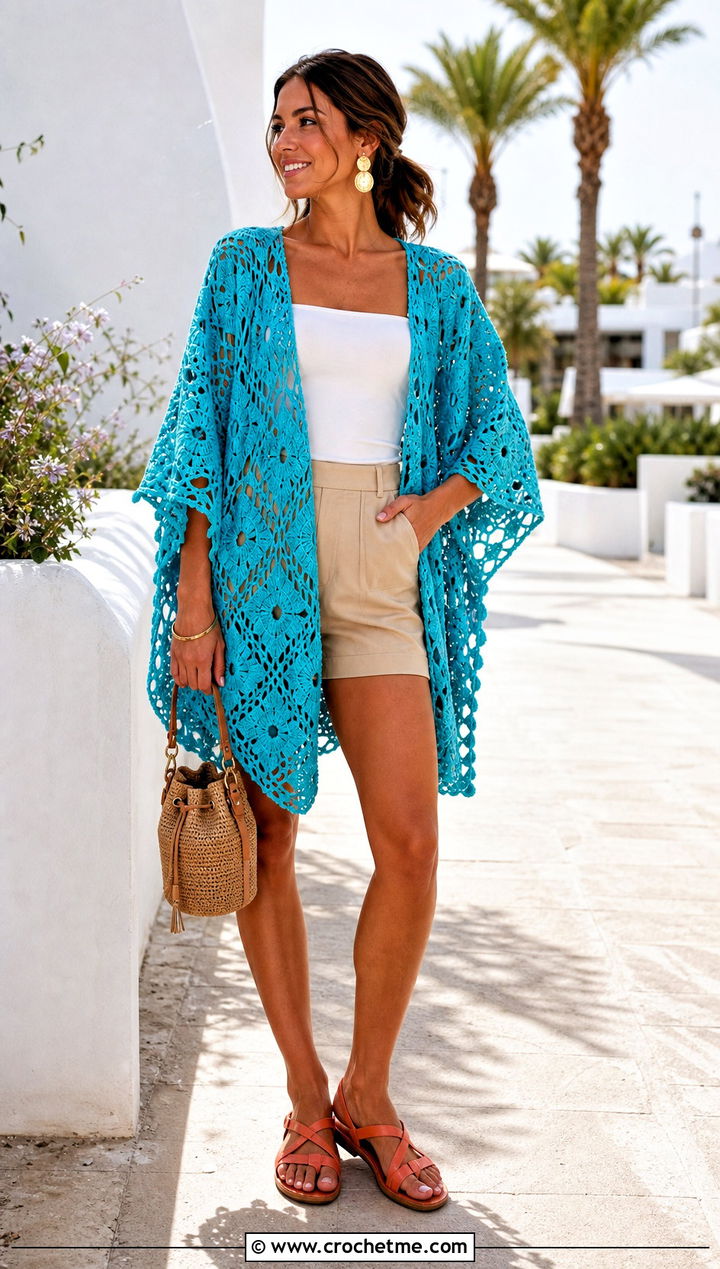 Cotton Granny Square Ruana With Tailored Shorts - 25 Granny Square Ruana outfit ideas