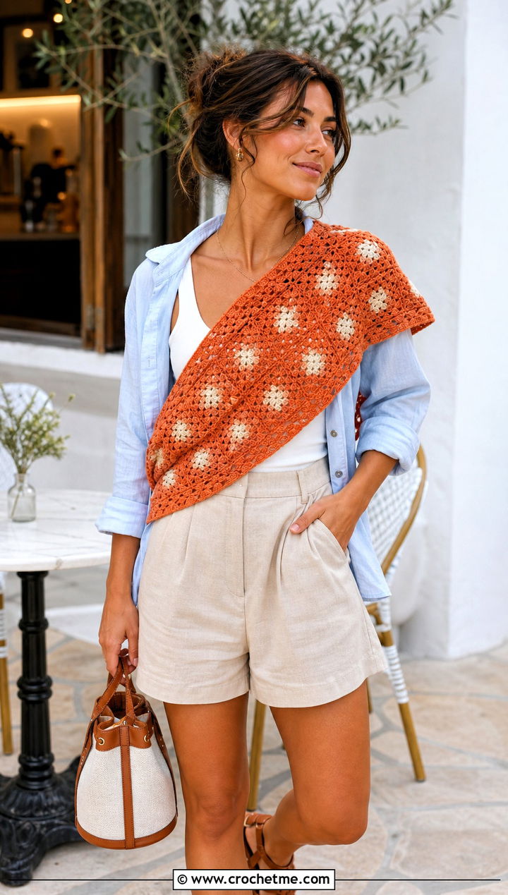 Cotton Granny Square Triangle Shawl With Shorts - 30 granny square triangle shawl outfit ideas