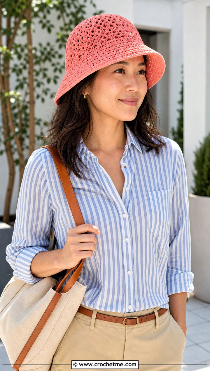 Cotton Granny Stitch Bucket Hat With Button Down And Chinos - 30 crochet granny stitch bucket hat outfit ideas