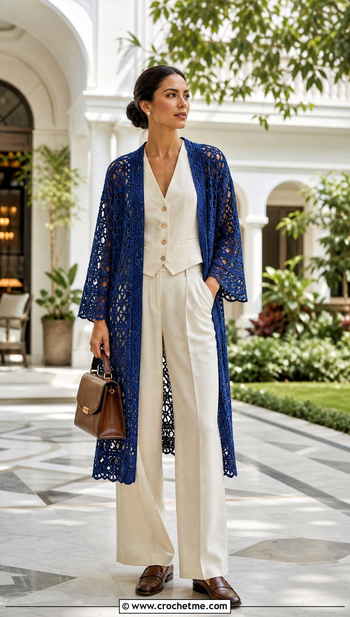 Cotton Lace Crochet Kimono Cardigan With Matching Vest And Trousers - 35 crochet kimono cardigan outfit ideas