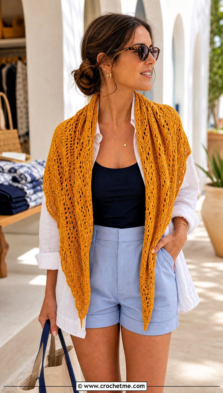 Cotton Lace Triangle Shawl With Shorts And Oversized Shirt - 25 Crochet Lacy Triangle Shawl outfit ideas