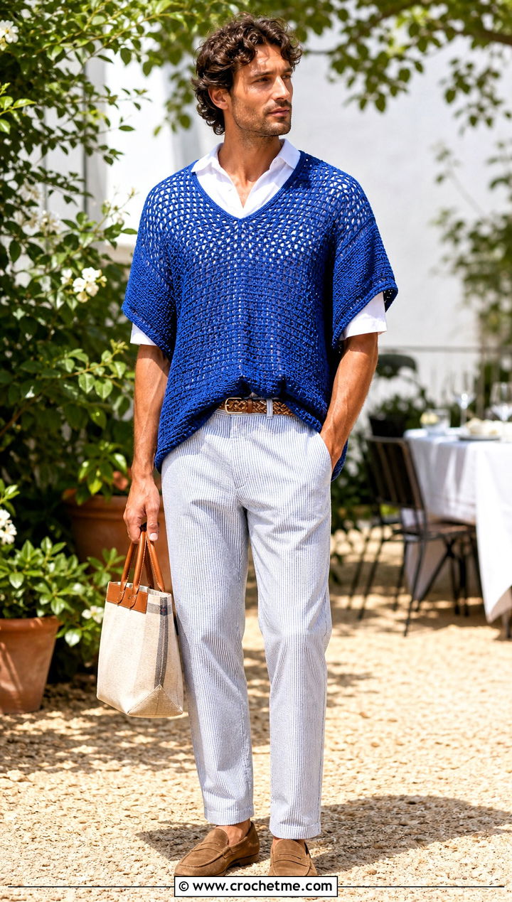Cotton Linen Crochet Poncho With Seersucker Pants - 30 men crochet poncho outfit ideas