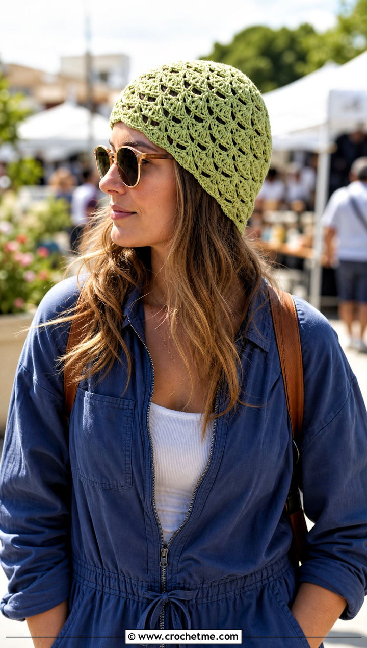 Cotton Mesh Shell Stitch Beanie With Jumpsuit - 15 Crochet Shell Stitch Beanie outfit ideas