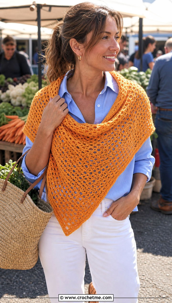 Cotton Mesh Triangle Shawl With Market Outfit - 30 Crochet Mesh Triangle Shawl outfit ideas