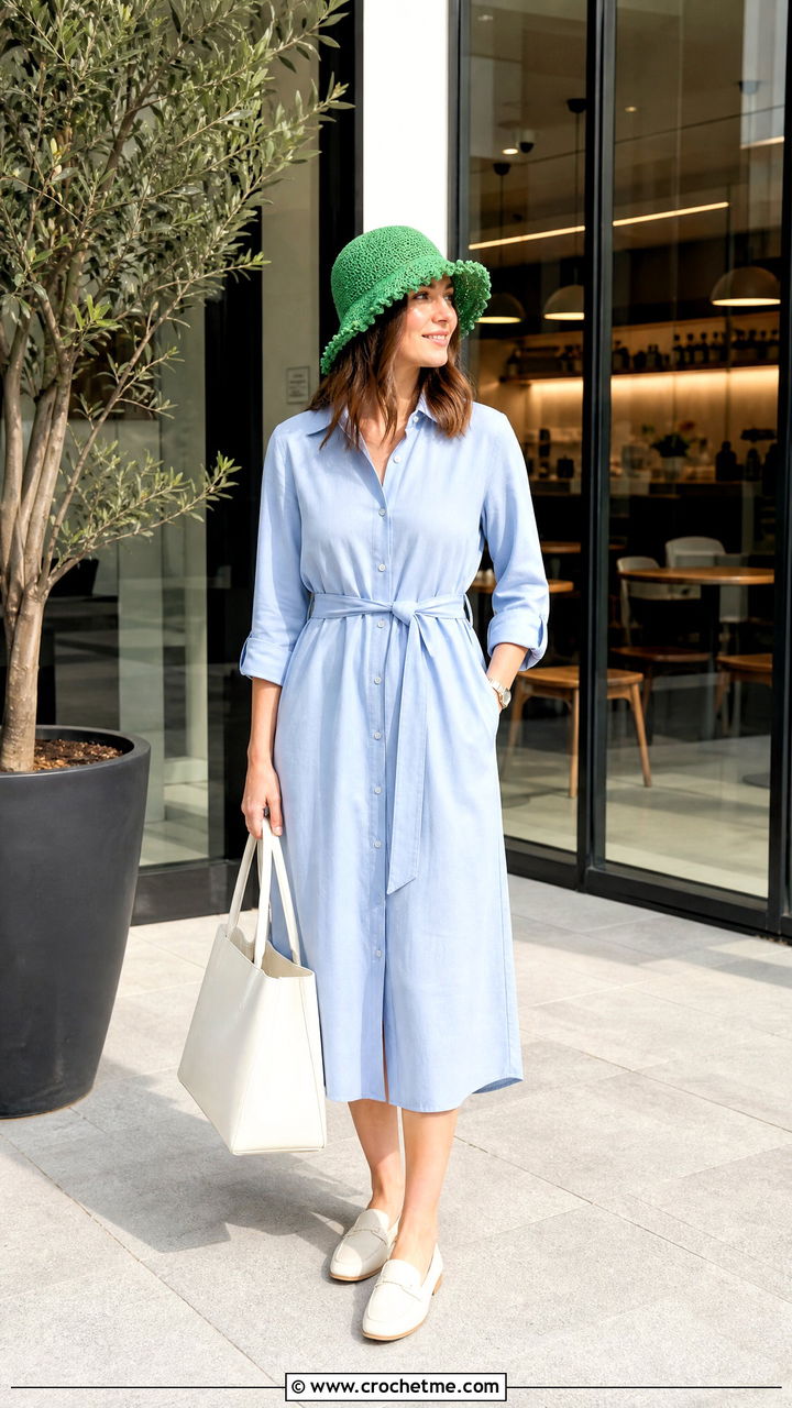 Cotton Ruffle Cloche Hat With Shirt Dress - 35 crochet ruffle hat outfit ideas