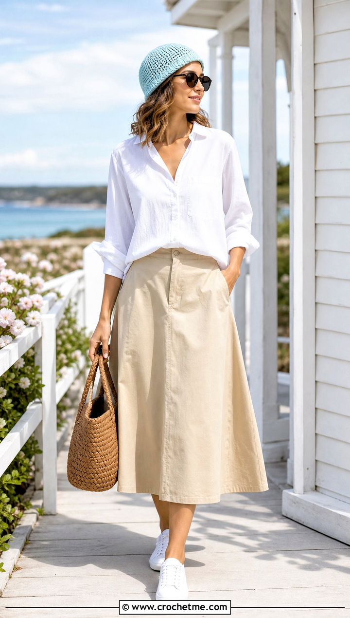 Cotton Single Crochet Beanie With Button Down Shirt And Midi Skirt - 35 single crochet beanie outfit ideas