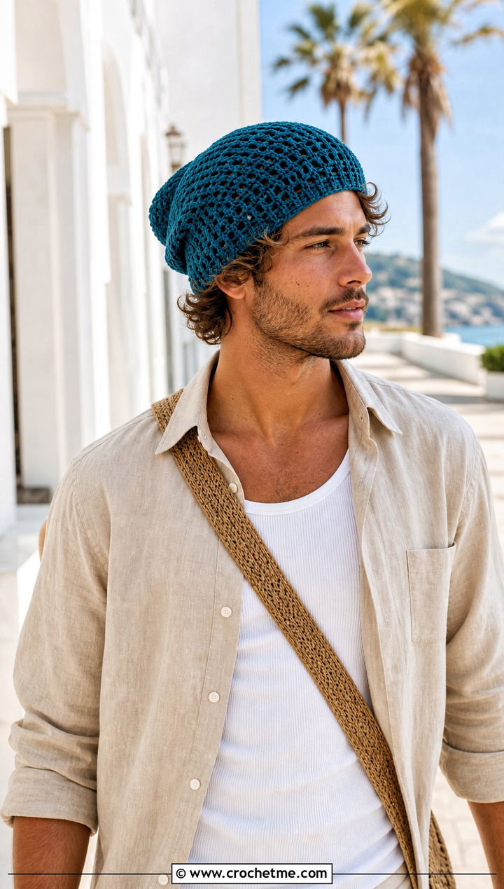 Cotton Slouch Crochet Beanie With Linen Overshirt - 20 Mens Slouch Crochet Beanie outfit ideas