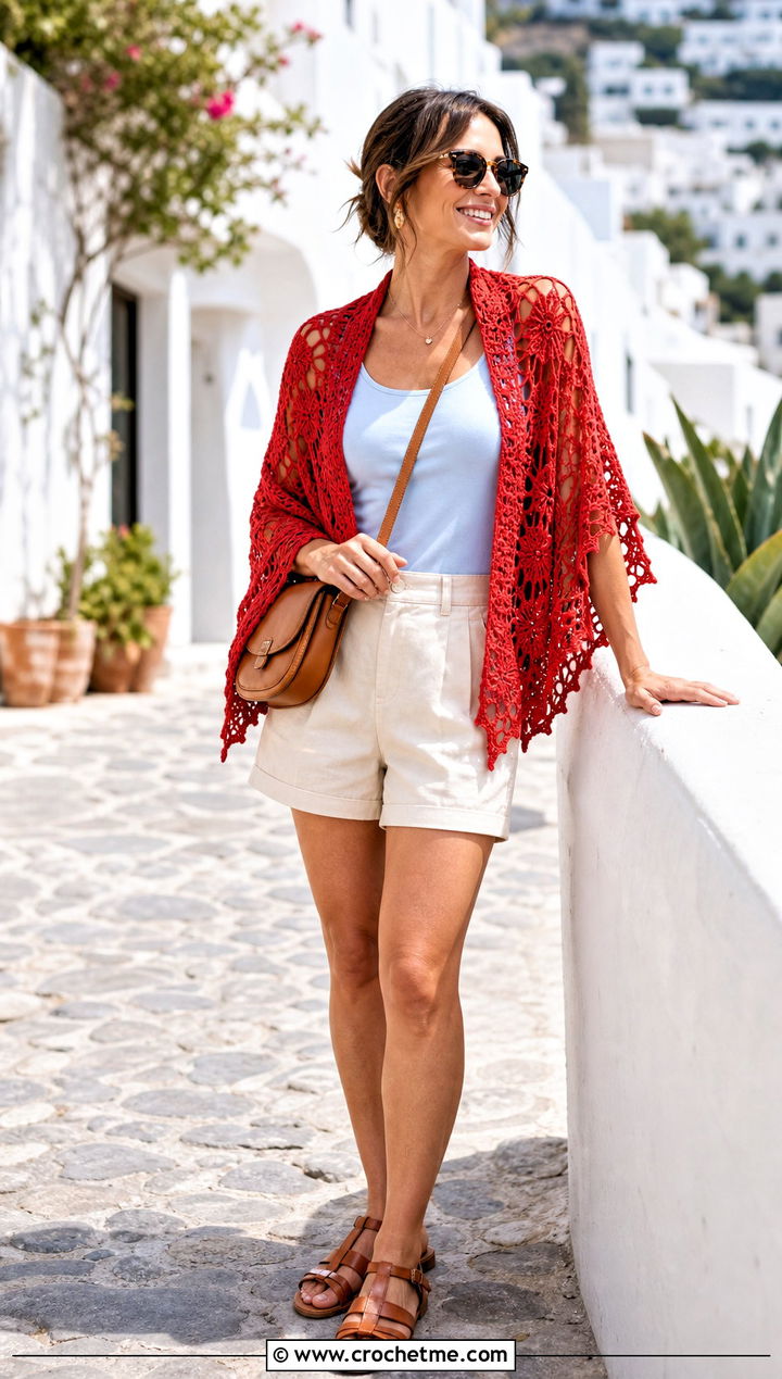Cotton Spiderweb Crochet Shawl With Shorts - 30 spiderweb crochet shawl outfit ideas