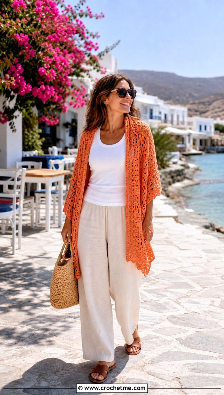 Cotton Square Crochet Shawl With Linen Pants - 25 Square Crochet Shawl outfit ideas
