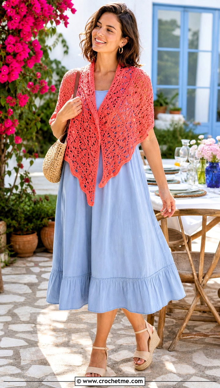 Cotton Star Triangle Crochet Shawl With Sundress - 30 star crochet shawl outfit ideas