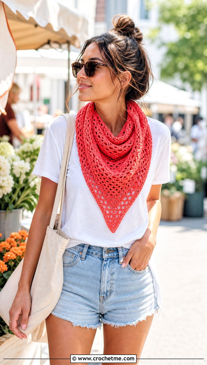 Cotton Triangle Crochet Shawl With T Shirt And Denim Shorts - 35 triangle crochet shawl outfit ideas