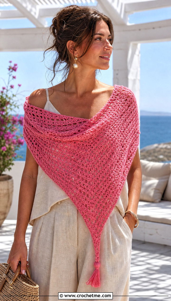 Cotton Triangle Shawl With Linen Set And Sandals - 30 easy crochet triangle shawl outfit ideas