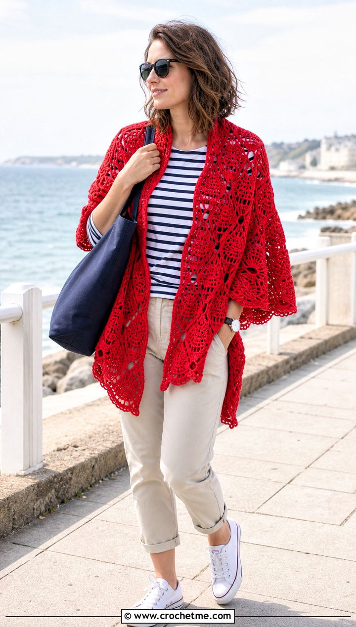Cotton Virus Shawl With Striped Shirt - 35 crochet virus shawl outfit ideas
