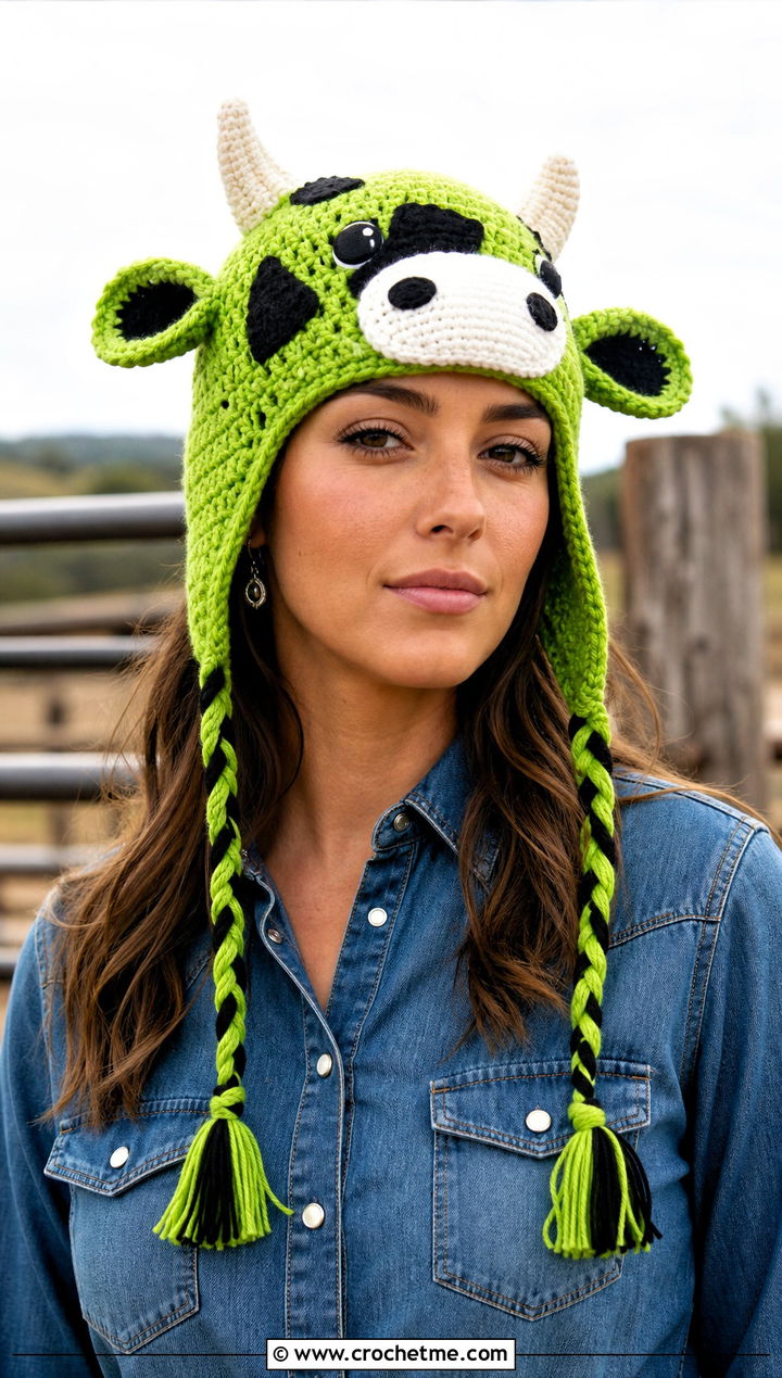 Cow Crochet Earflap Hat With Western Shirt - 30 crochet funny hats outfit ideas