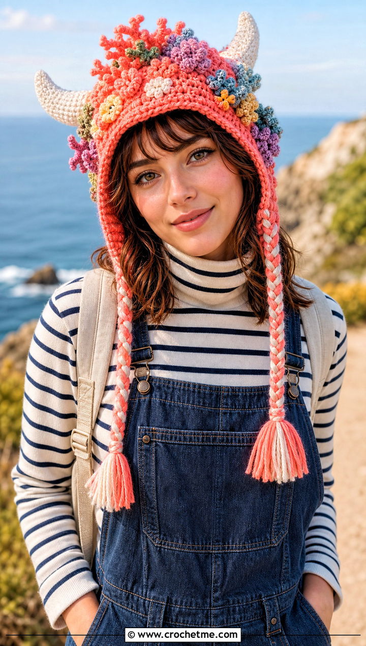 Cow Horn Earflap Hat With Denim Overalls - 30 crochet hat with horns outfit ideas