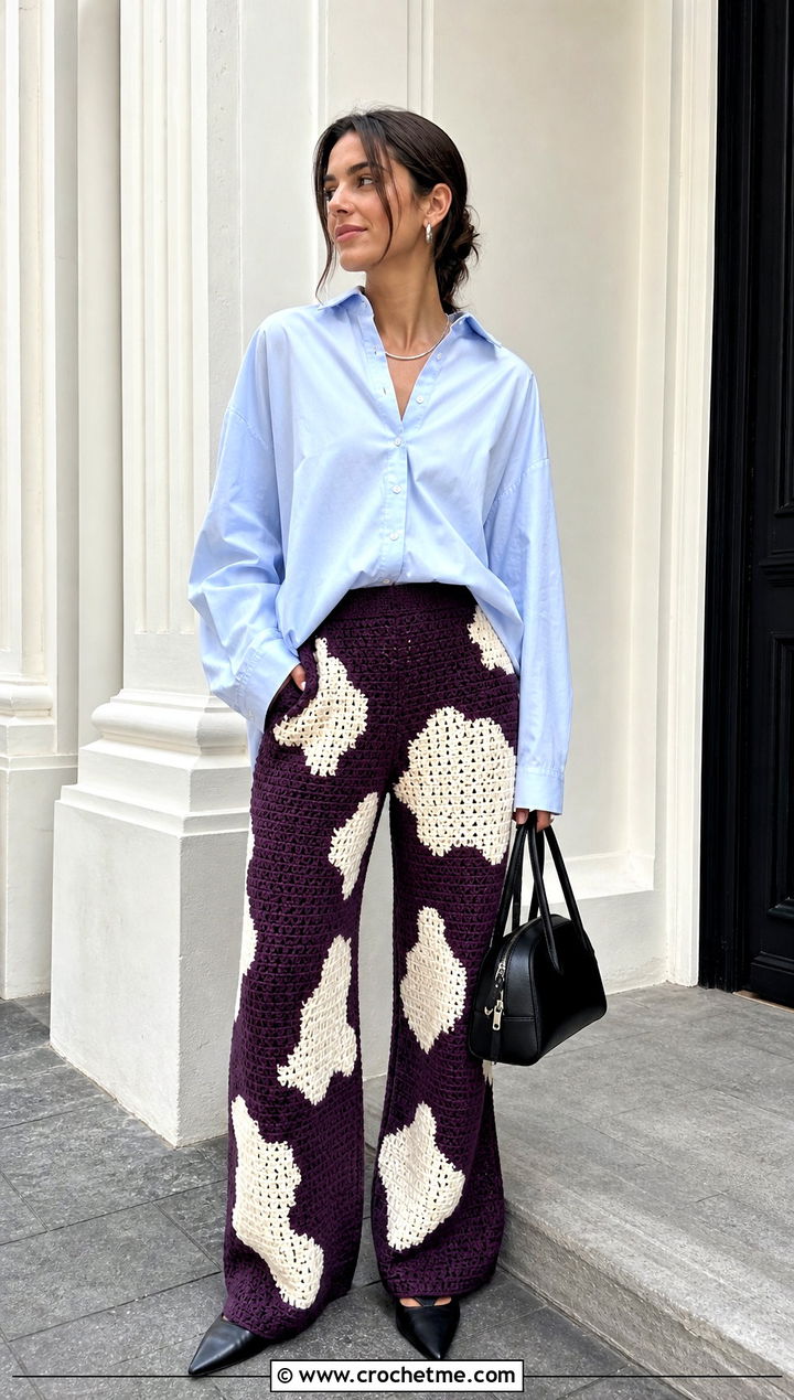 Cow Print Crochet Pants With Poplin Shirt - 20 Funny Crochet Clothes and outfit ideas