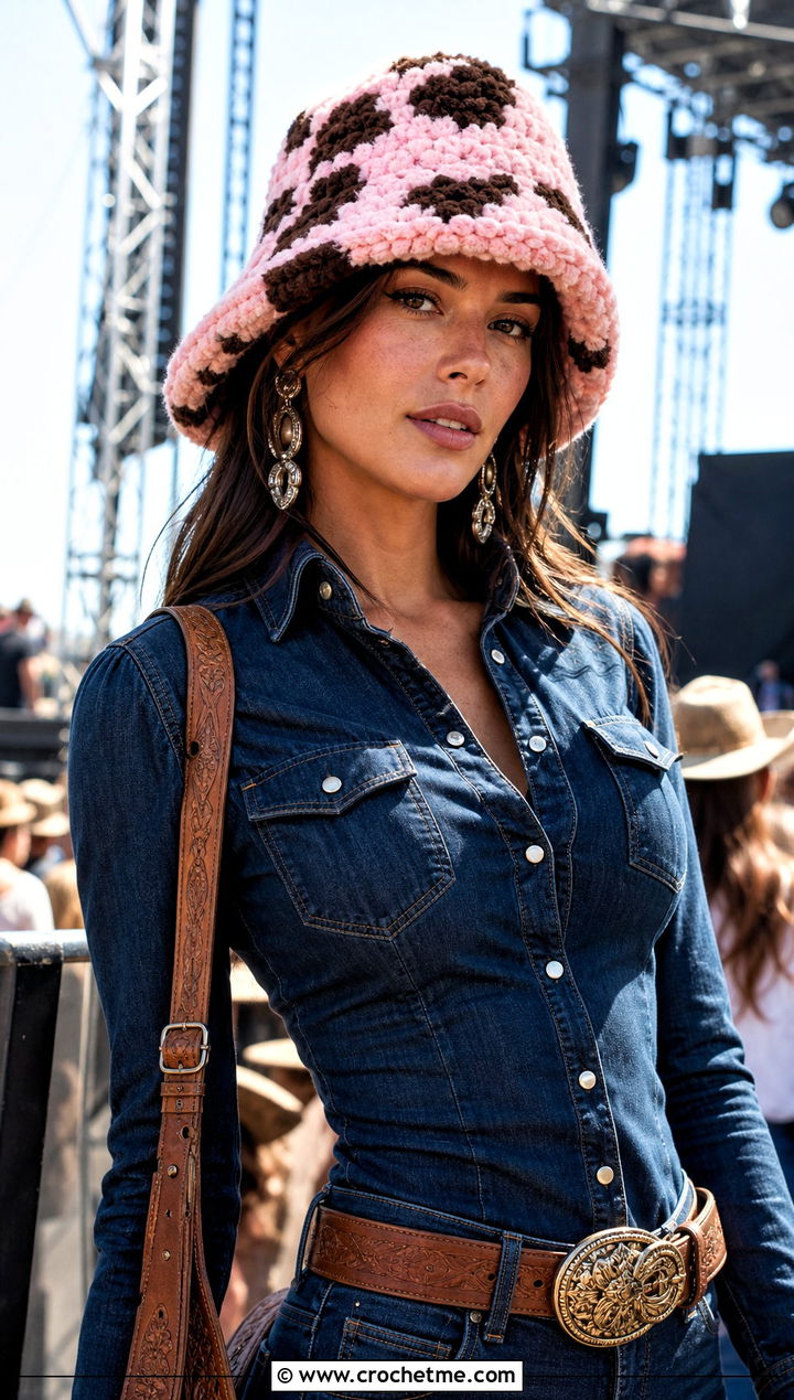 Cow Print Fuzzy Crochet Bucket Hat With Western Denim - 25 fuzzy crochet bucket hat outfit ideas