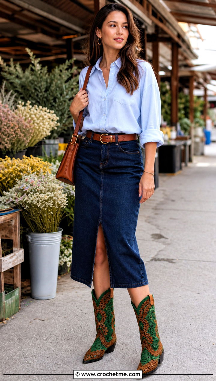 Cowboy Crochet Boots With a Denim Midi Skirt - 15 green and brown crochet boots outfit ideas