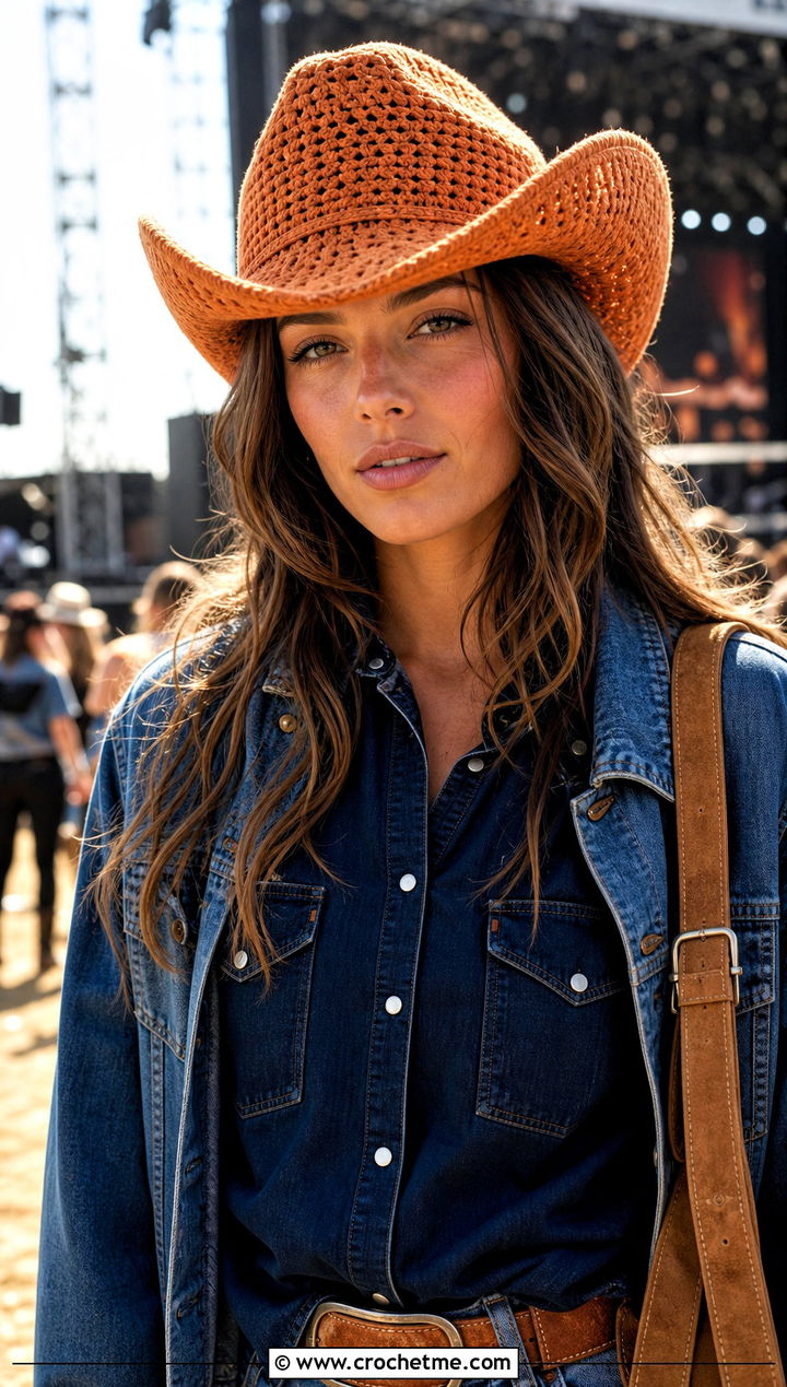 Cowboy Knit Look Crochet Hat With Double Denim - 20 Crochet Knit Look Hat outfit ideas