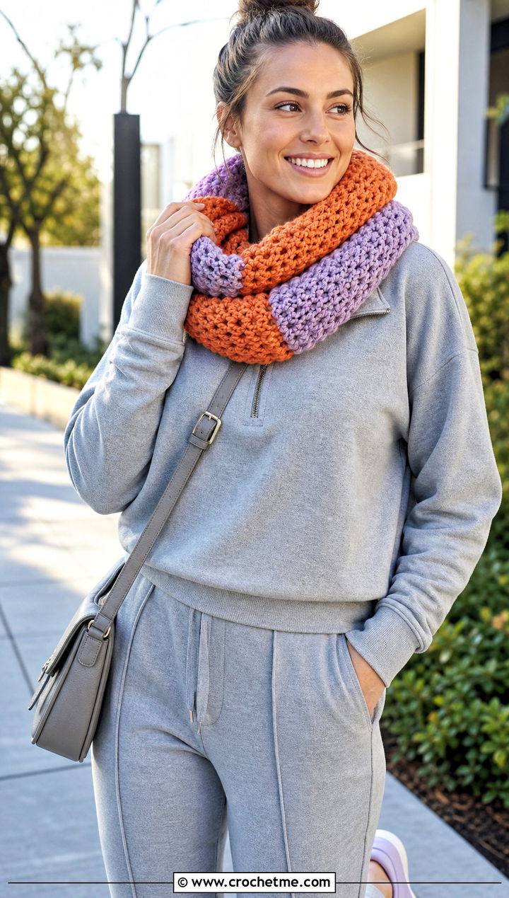 Cowl Color Block Crochet Scarf With Track Pants - 25 Color Block Crochet Scarf outfit ideas